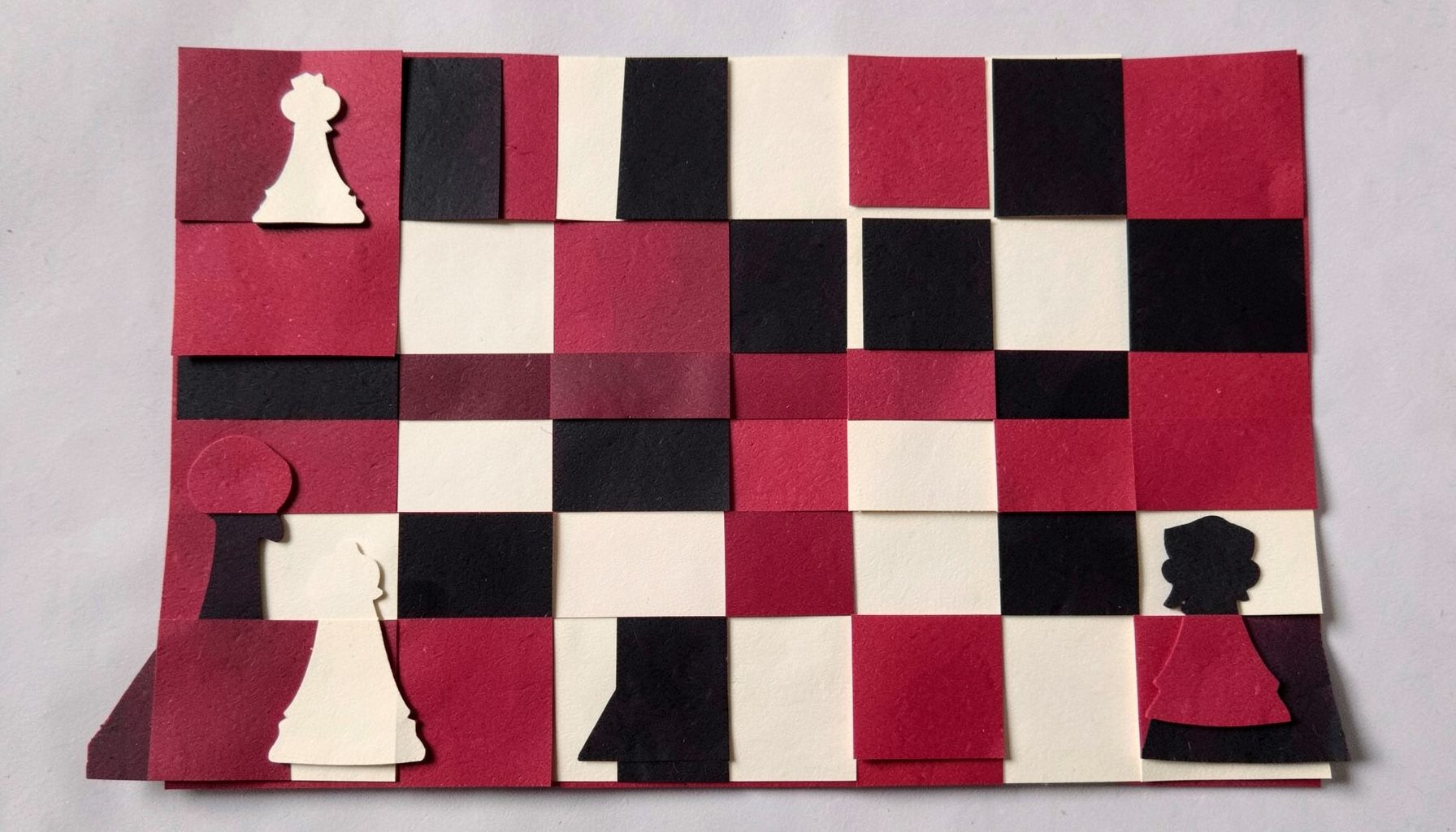 A layered paper cut-out collage of a checkered chessboard in deep red, black and cream tones with cut-out pawn and rook pieces