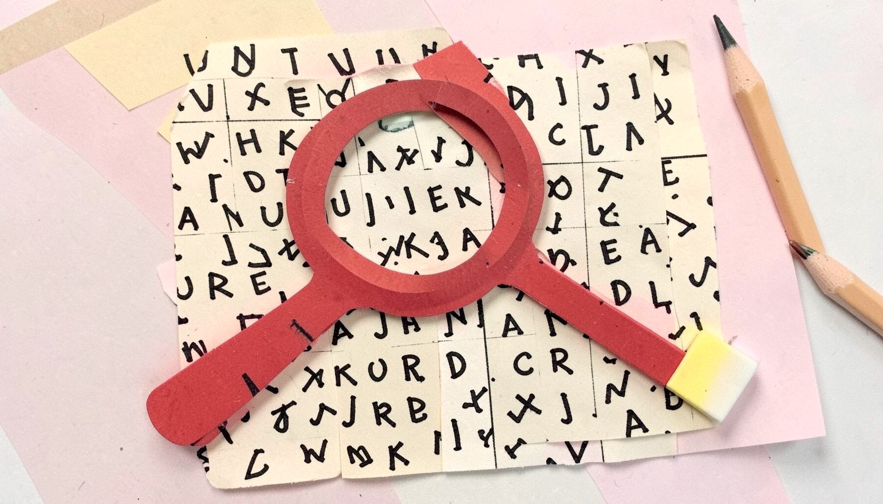 Layered paper cut-out collage of a magnifying glass over a grid of jumbled letters in black on cream, with a pencil and eraser nearby