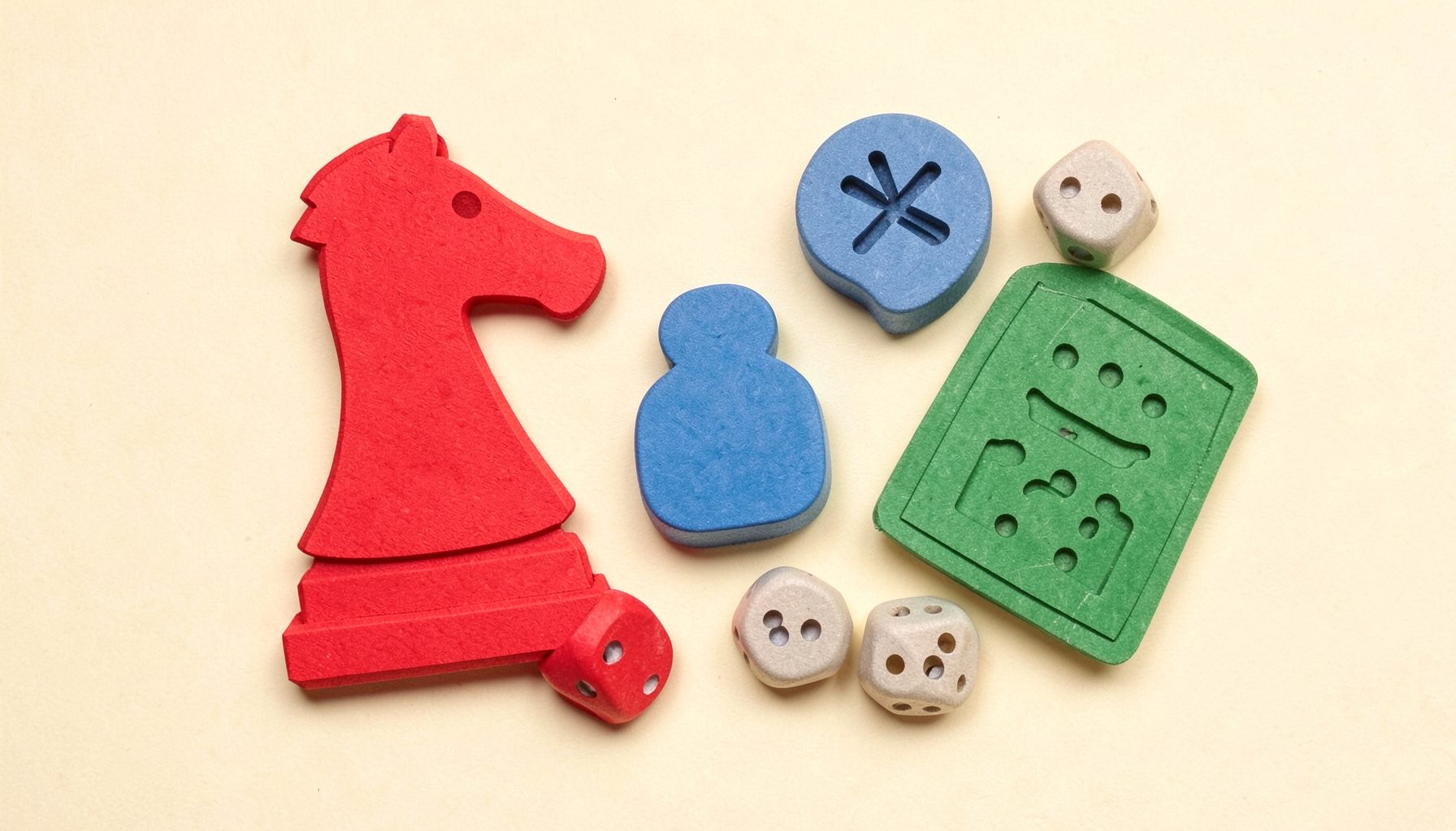 Colorful board game pieces in a layered paper cut-out collage