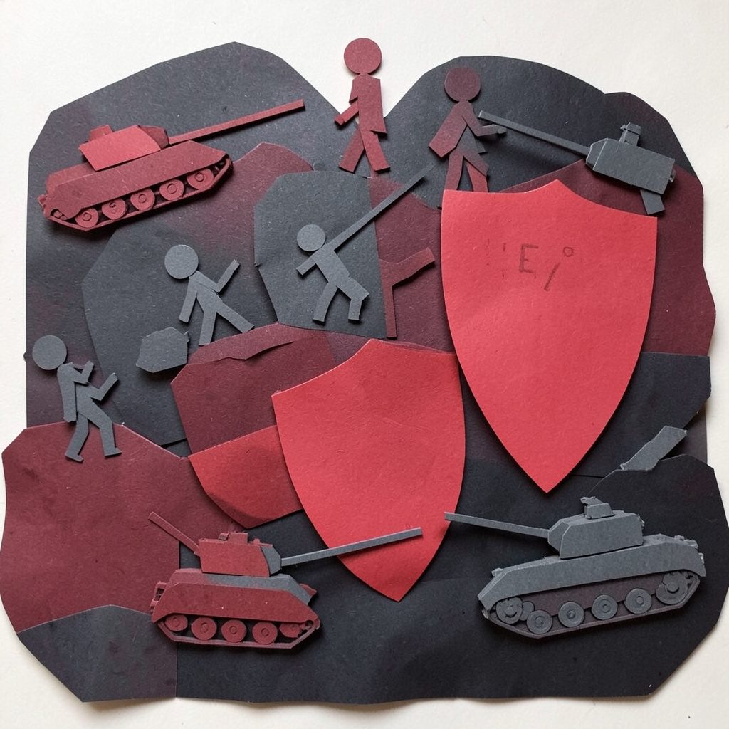 Layered paper cut-out collage of toy tanks, stick figures, and shield shapes in deep red, charcoal, and gunmetal grey