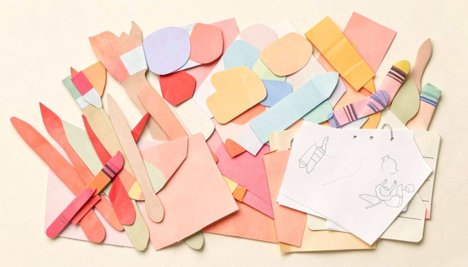 Layered paper cut-out collage of paintbrushes, color palettes, crayons, and sketchbook pages in soft pastels and warm colors